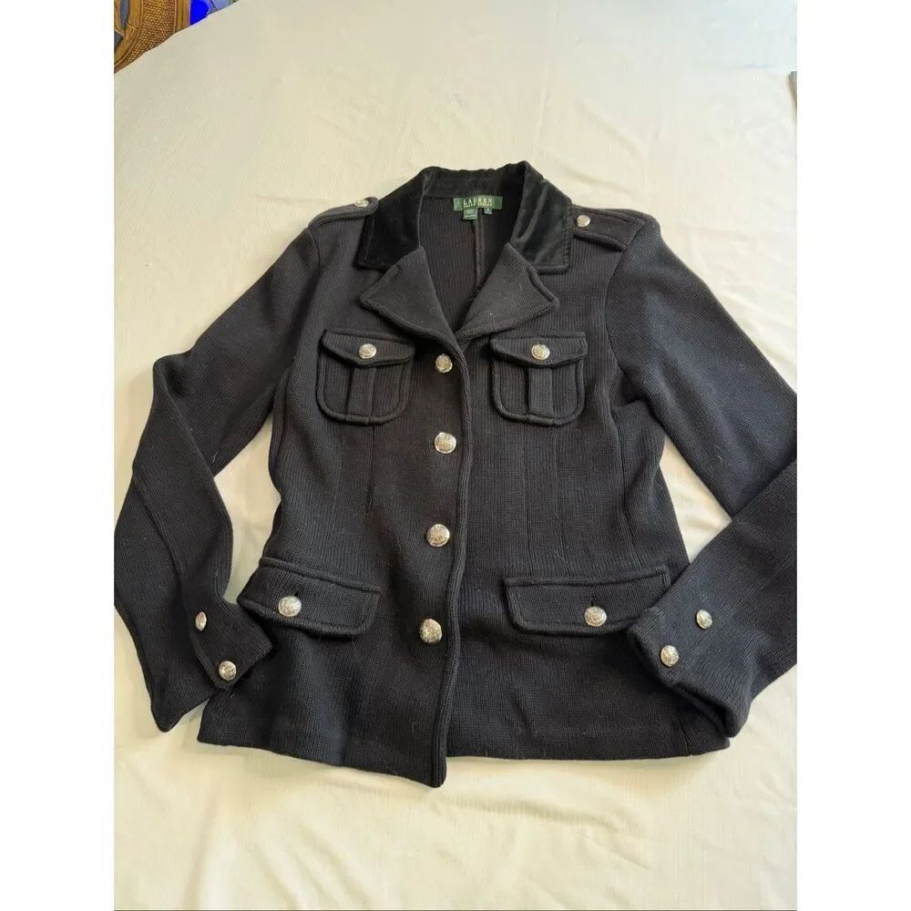 Lauren Ralph Lauren Jacket Women Small Black Outdoors Military Field Satin Knit